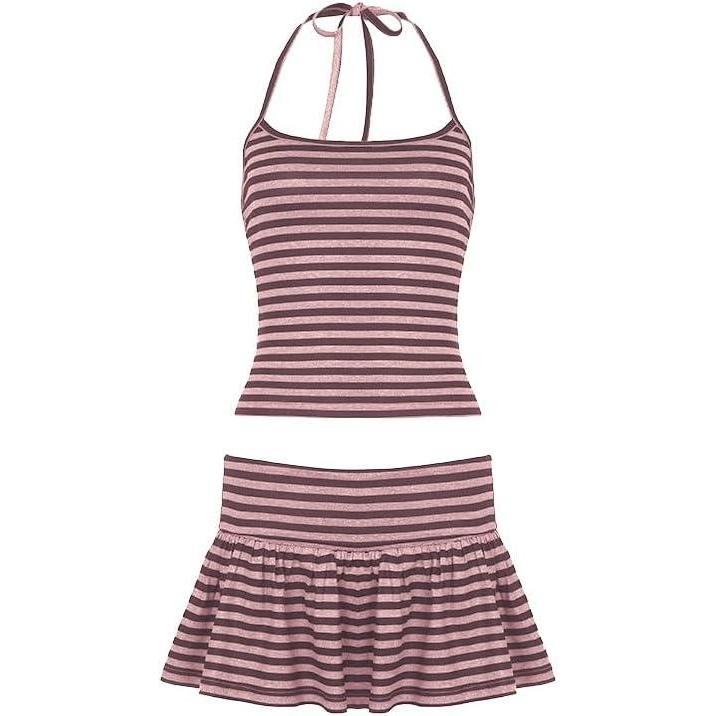 imageEMMIOL Womens 2 Piece Striped Outfits 2025 Summer Sexy Halter Tops Skorts Sets Beach Vacation ClothesBrown