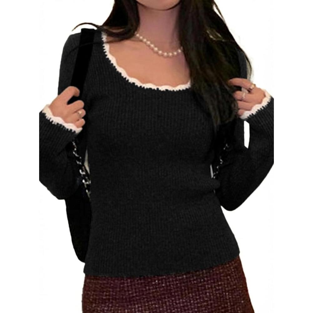 imageEMMIOL Womens Knit Cute Sweaters Ribbed Fitted Tops Scoop Neck Long Sleeve Shirts Going Out Y2K OutfitsBlack