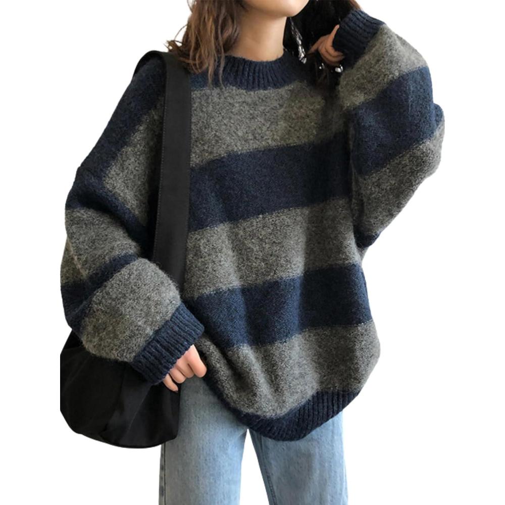 imageEMMIOL Womens Oversized Striped Sweaters 2025 Fall Trendy Long Sleeve Knit Outfits Crewneck Fashion Pullover TopsBlue Stripe