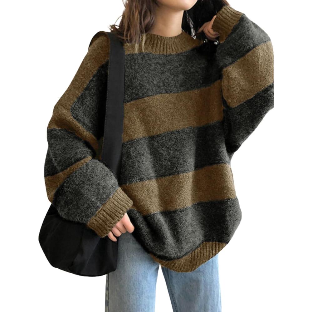 imageEMMIOL Womens Oversized Striped Sweaters 2025 Fall Trendy Long Sleeve Knit Outfits Crewneck Fashion Pullover TopsBrown Stripe