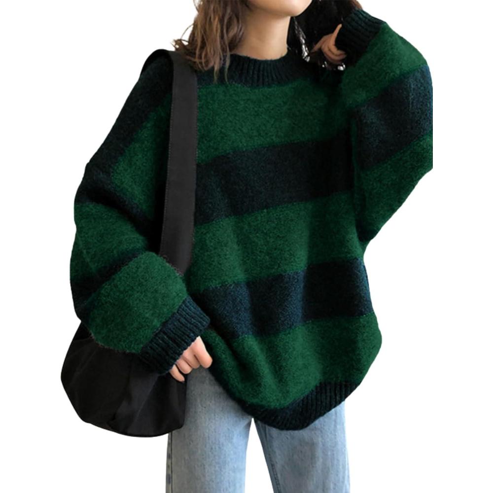 imageEMMIOL Womens Oversized Striped Sweaters 2025 Fall Trendy Long Sleeve Knit Outfits Crewneck Fashion Pullover TopsGreen Stripe