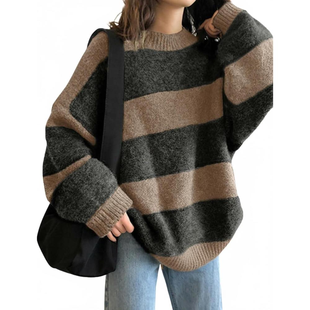 imageEMMIOL Womens Oversized Striped Sweaters 2025 Fall Trendy Long Sleeve Knit Outfits Crewneck Fashion Pullover TopsLight Khaki Stripe