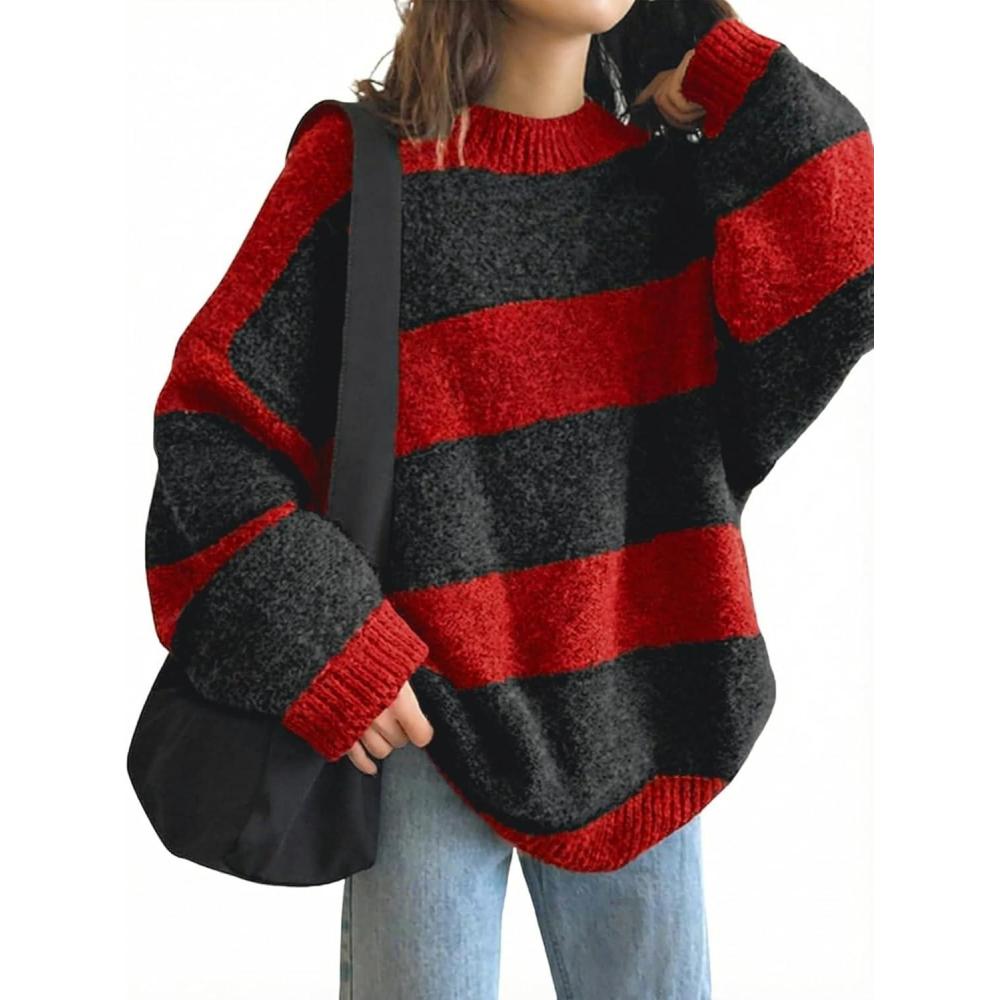 imageEMMIOL Womens Oversized Striped Sweaters 2025 Fall Trendy Long Sleeve Knit Outfits Crewneck Fashion Pullover TopsRed Stripe