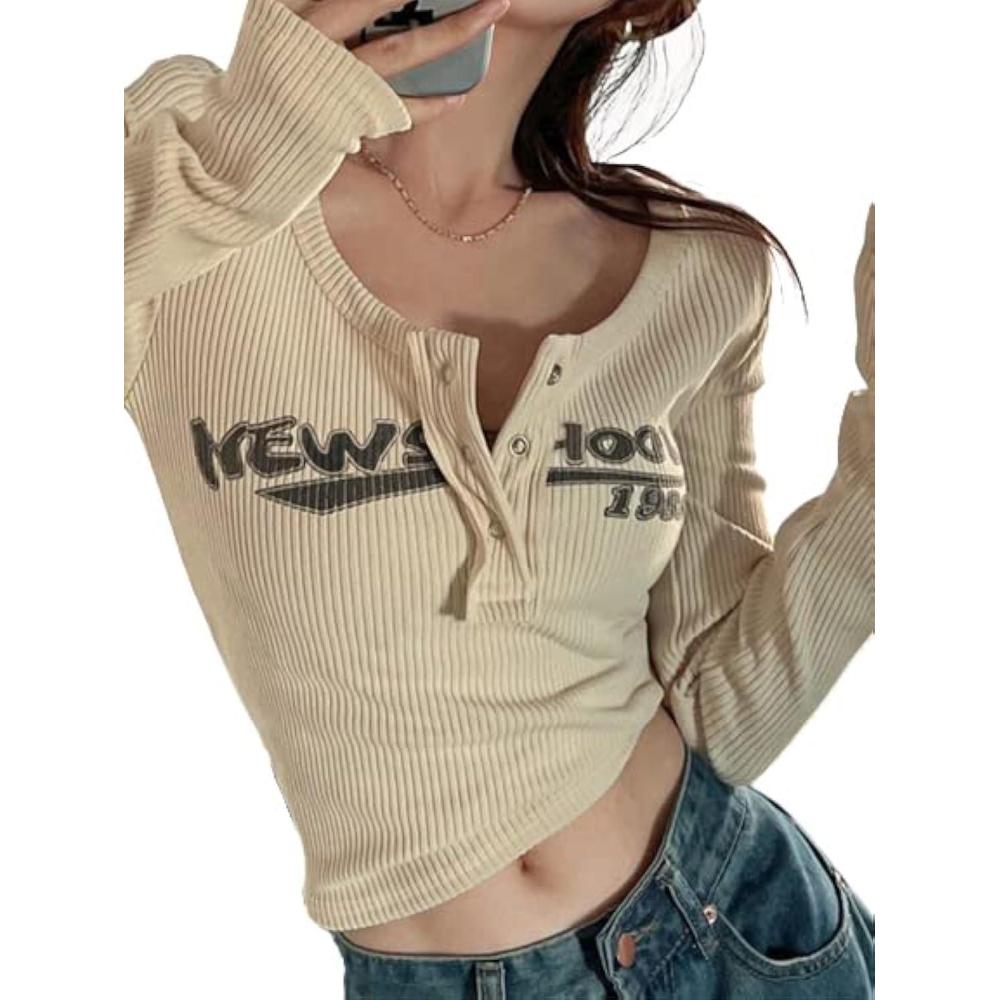 imageY2K Tops for Women Graphic Crop Tops Button Up Long Sleeve Henley Shirts Slim Fit Ribbed Crop Top3apricot