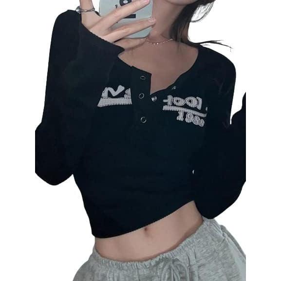 imageY2K Tops for Women Graphic Crop Tops Button Up Long Sleeve Henley Shirts Slim Fit Ribbed Crop Top3black