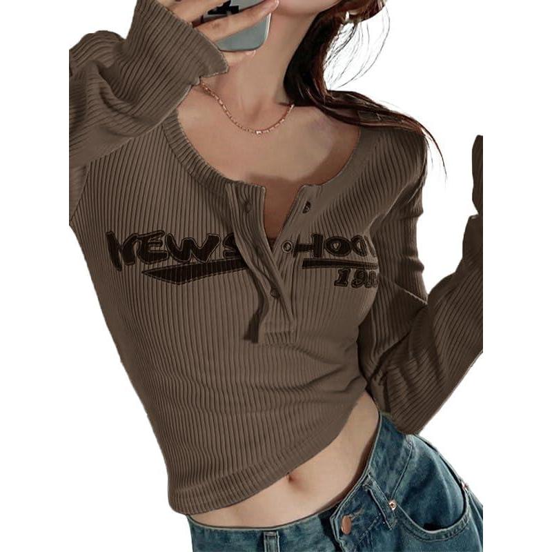 imageY2K Tops for Women Graphic Crop Tops Button Up Long Sleeve Henley Shirts Slim Fit Ribbed Crop Top3brown