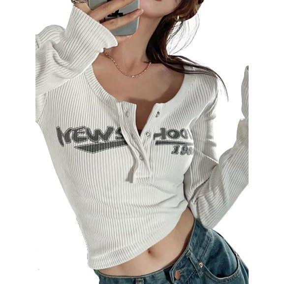 imageY2K Tops for Women Graphic Crop Tops Button Up Long Sleeve Henley Shirts Slim Fit Ribbed Crop Top3white