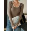 EMMIOL Womens Knit Cute Sweaters Ribbed Fitted Tops Scoop Neck Long Sleeve Shirts Going Out Y2K Outfits(Apricot)