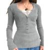 EMMIOL Long Sleeve Henley Shirts for Womens – V Neck Button Ribbed Knit Tops Slim Fit Casual Trendy Lace Tunics Blouse(2-grey)