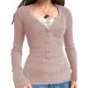 EMMIOL Long Sleeve Henley Shirts for Womens – V Neck Button Ribbed Knit Tops Slim Fit Casual Trendy Lace Tunics Blouse(2-pink)