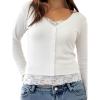 Womens Lace Long Sleeve Top Paneled Henley Shirts Y2k 2000s Fitted Going Out Tops Blouse(White)