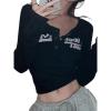 Y2K Tops for Women Graphic Crop Tops Button Up Long Sleeve Henley Shirts Slim Fit Ribbed Crop Top(3-black)