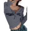 Y2K Tops for Women Graphic Crop Tops Button Up Long Sleeve Henley Shirts Slim Fit Ribbed Crop Top(3-grey)