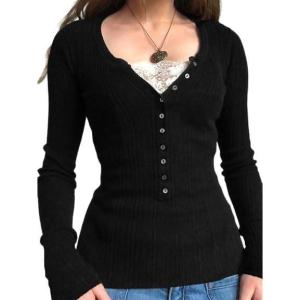 EMMIOL Long Sleeve Henley Shirts for Womens – V Neck Button Ribbed Knit Tops Slim Fit Casual Trendy Lace Tunics Blouse(2-black)