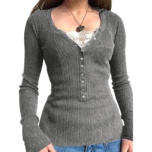 EMMIOL Long Sleeve Henley Shirts for Womens – V Neck Button Ribbed Knit Tops Slim Fit Casual Trendy Lace Tunics Blouse(2-dark Grey)