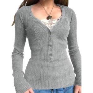 EMMIOL Long Sleeve Henley Shirts for Womens – V Neck Button Ribbed Knit Tops Slim Fit Casual Trendy Lace Tunics Blouse(2-grey)