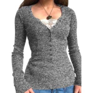 EMMIOL Long Sleeve Henley Shirts for Womens – V Neck Button Ribbed Knit Tops Slim Fit Casual Trendy Lace Tunics Blouse(2-grey Ash)