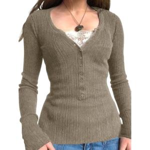 EMMIOL Long Sleeve Henley Shirts for Womens – V Neck Button Ribbed Knit Tops Slim Fit Casual Trendy Lace Tunics Blouse(2-khaki)