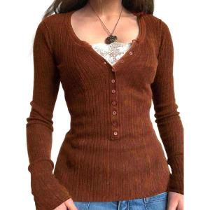 EMMIOL Long Sleeve Henley Shirts for Womens – V Neck Button Ribbed Knit Tops Slim Fit Casual Trendy Lace Tunics Blouse(2-red Brown)