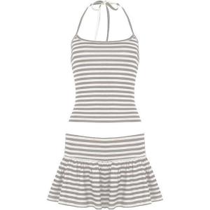 EMMIOL Womens 2 Piece Striped Outfits 2025 Summer Sexy Halter Tops Skorts Sets Beach Vacation Clothes(Apricot)