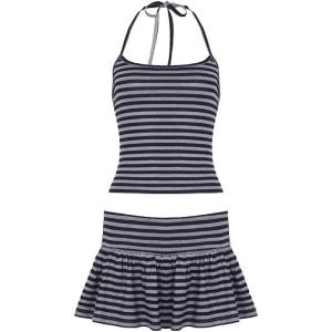 EMMIOL Womens 2 Piece Striped Outfits 2025 Summer Sexy Halter Tops Skorts Sets Beach Vacation Clothes(Black)