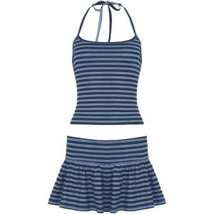 EMMIOL Womens 2 Piece Striped Outfits 2025 Summer Sexy Halter Tops Skorts Sets Beach Vacation Clothes(Blue)