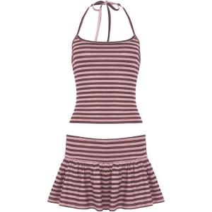EMMIOL Womens 2 Piece Striped Outfits 2025 Summer Sexy Halter Tops Skorts Sets Beach Vacation Clothes(Brown)