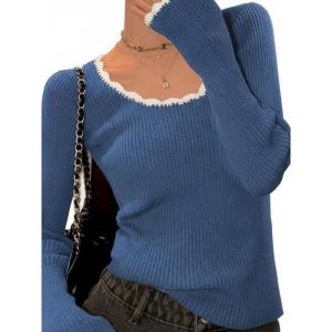 EMMIOL Womens Knit Cute Sweaters Ribbed Fitted Tops Scoop Neck Long Sleeve Shirts Going Out Y2K Outfits(Blue)
