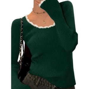 EMMIOL Womens Knit Cute Sweaters Ribbed Fitted Tops Scoop Neck Long Sleeve Shirts Going Out Y2K Outfits(Green)