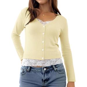 Womens Lace Long Sleeve Top Paneled Henley Shirts Y2k 2000s Fitted Going Out Tops Blouse(Apricot)