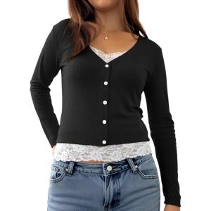 Womens Lace Long Sleeve Top Paneled Henley Shirts Y2k 2000s Fitted Going Out Tops Blouse(Black)