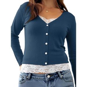 Womens Lace Long Sleeve Top Paneled Henley Shirts Y2k 2000s Fitted Going Out Tops Blouse(Blue)