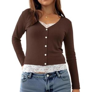 Womens Lace Long Sleeve Top Paneled Henley Shirts Y2k 2000s Fitted Going Out Tops Blouse(Brown)
