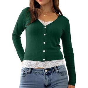 Womens Lace Long Sleeve Top Paneled Henley Shirts Y2k 2000s Fitted Going Out Tops Blouse(Green)