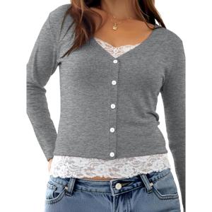 Womens Lace Long Sleeve Top Paneled Henley Shirts Y2k 2000s Fitted Going Out Tops Blouse(Grey)