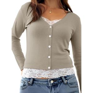 Womens Lace Long Sleeve Top Paneled Henley Shirts Y2k 2000s Fitted Going Out Tops Blouse(Khaki)