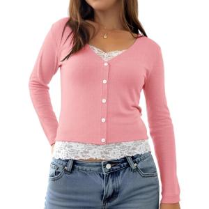 Womens Lace Long Sleeve Top Paneled Henley Shirts Y2k 2000s Fitted Going Out Tops Blouse(Pink)