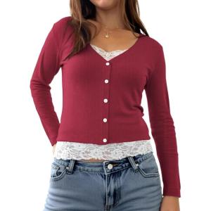Womens Lace Long Sleeve Top Paneled Henley Shirts Y2k 2000s Fitted Going Out Tops Blouse(Red)