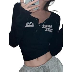 Y2K Tops for Women Graphic Crop Tops Button Up Long Sleeve Henley Shirts Slim Fit Ribbed Crop Top(3-black)