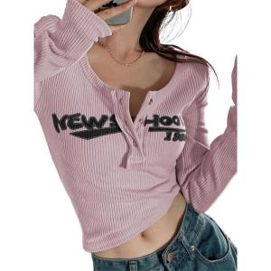 Y2K Tops for Women Graphic Crop Tops Button Up Long Sleeve Henley Shirts Slim Fit Ribbed Crop Top(3-pink)