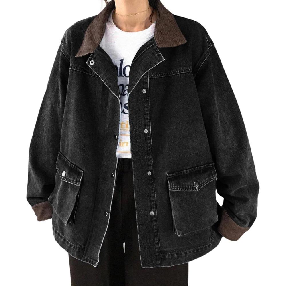 imageEMMIOL 025 Oversized Jean Jacket Women Y2K Denim Fall Jackets Coat Vintage Trendy Relaxed FitDrak Grey