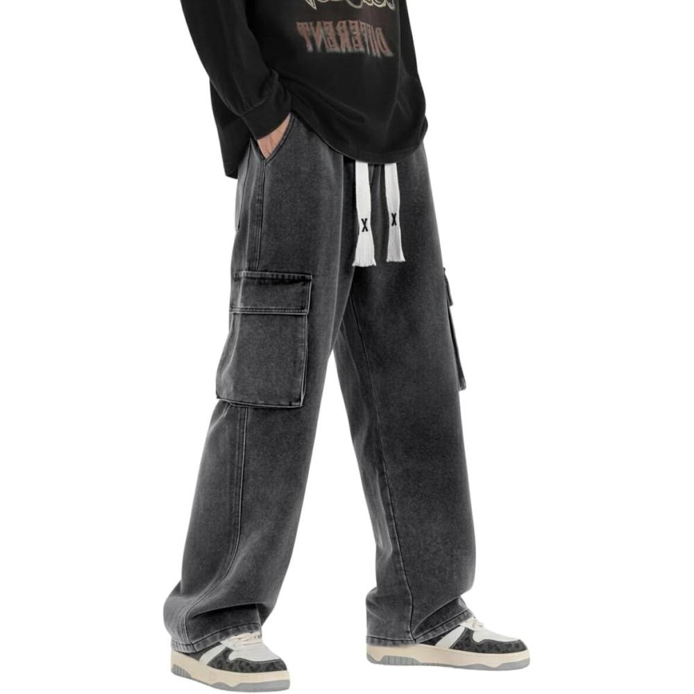 imageEMMIOL Baggy Straight Wide Leg Jeans Men Elastic Waist Cargo Denim Pants Y2k Casual Loose Fit Long Trousers StreetwearDark Grey