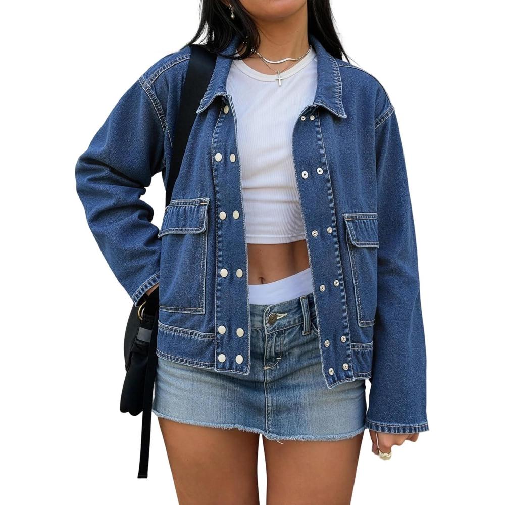imageEMMIOL Barn Jean Jacket for Women Zipper Fall 2025 Clean Fit Long Sleeve Denim JacketsZ1dark Blue