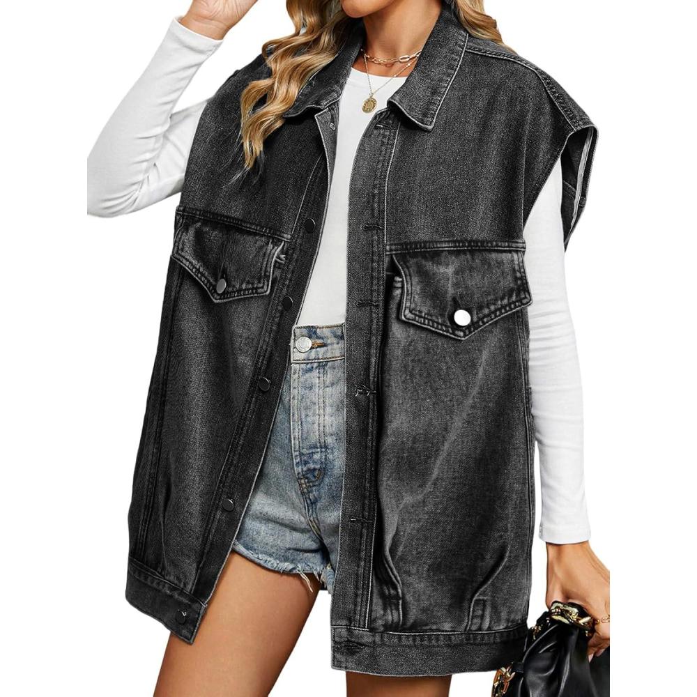 imageEMMIOL Denim Vest Womens Oversized Casual Jean Waistcoat Frayed Sleeveless Jacket Vest with PocketsB Black