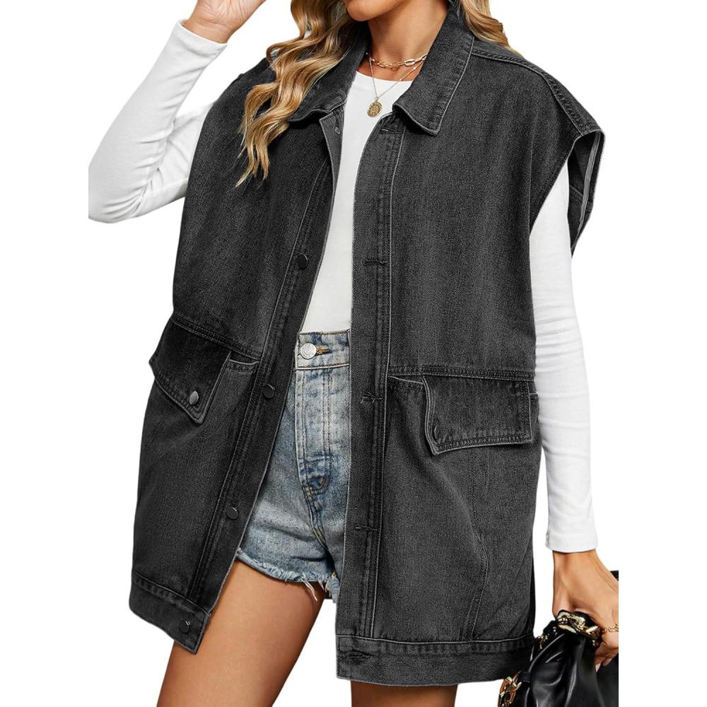 imageEMMIOL Denim Vest Womens Oversized Casual Jean Waistcoat Frayed Sleeveless Jacket Vest with PocketsC Black