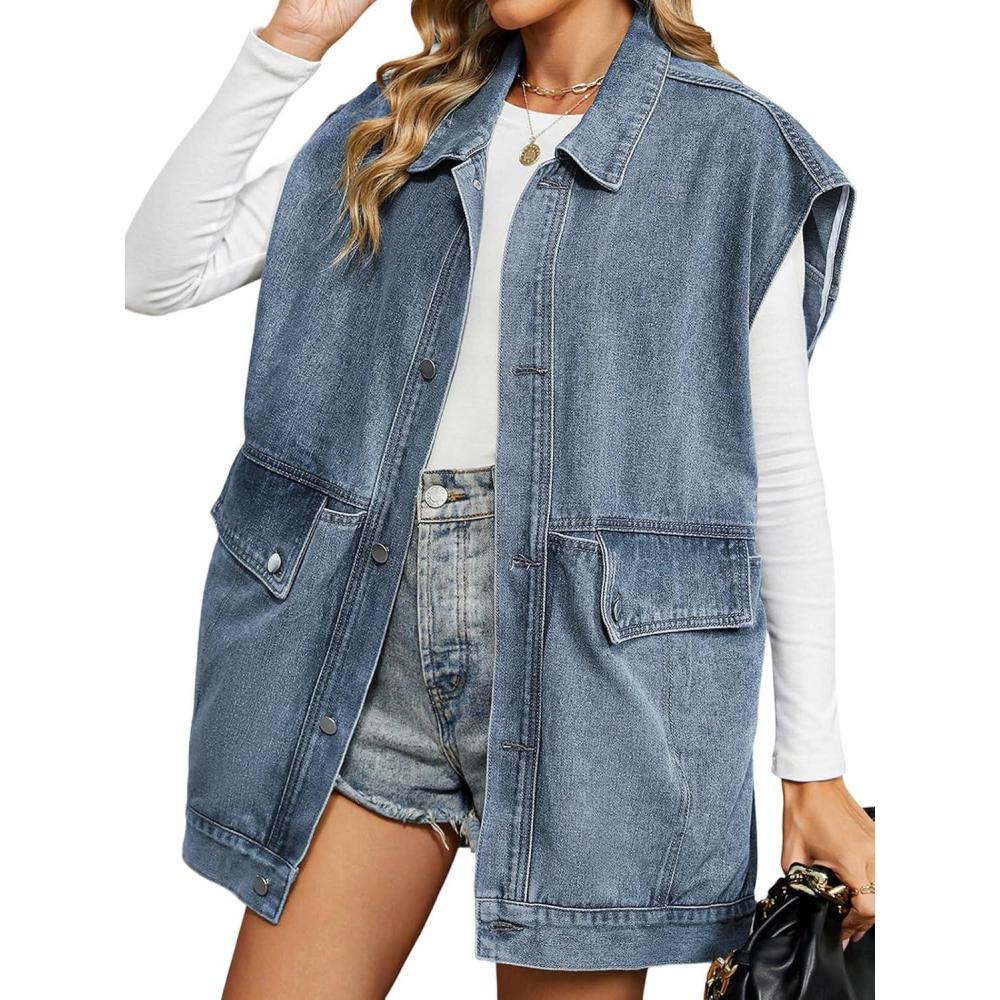 imageEMMIOL Denim Vest Womens Oversized Casual Jean Waistcoat Frayed Sleeveless Jacket Vest with PocketsC Blue
