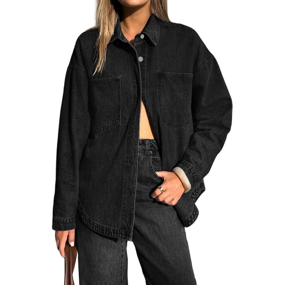 imageEMMIOL Women Denim Shirts Oversized Long Sleeve Button Down Blouse Distresse Jean Jacket Fall Outfits 2025A2 Black