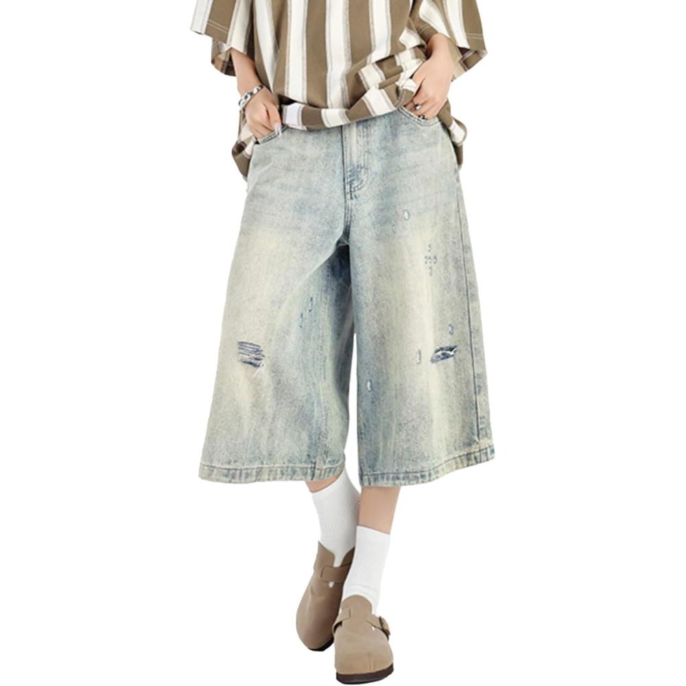 imageEMMIOL Womens Jorts Jean Baggy Shorts Casual 2025 Summer Trendy Wide Leg Long Denim Shorts Y2K Streetwear5 Ripped Blue