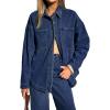EMMIOL Women Denim Shirts Oversized Long Sleeve Button Down Blouse Distresse Jean Jacket Fall Outfits 2025(Deep Blue)