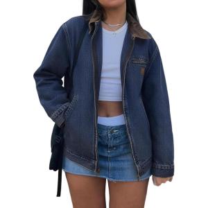 EMMIOL Barn Jean Jacket for Women Zipper Fall 2025 Clean Fit Long Sleeve Denim Jackets(A Blue Brown)